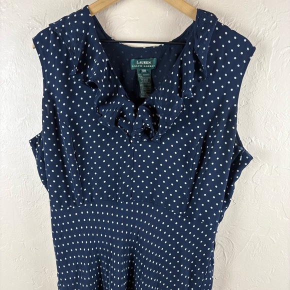 Ralph Lauren Silk Navy Polka Dot Women's Dress Ruffle Long Sleeveless Size 18 - Picture 2 of 8